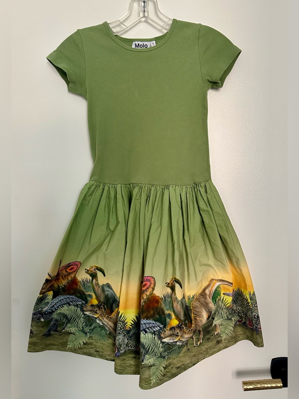 Molo Olive Green Short Sleeve Dress with Dinosaur Hem Size 146-152 (11-12 yrs)